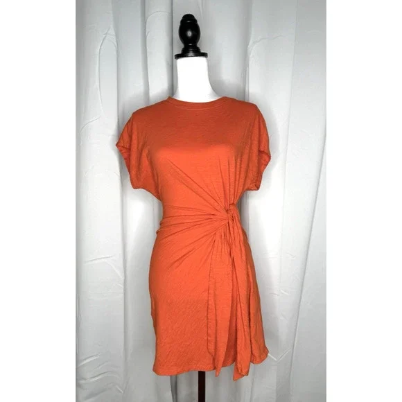 Apiece Apart Nina Cinched Waist Dress Orange Midi Wrap Organic Cotton Flambe - Picture 4 of 9